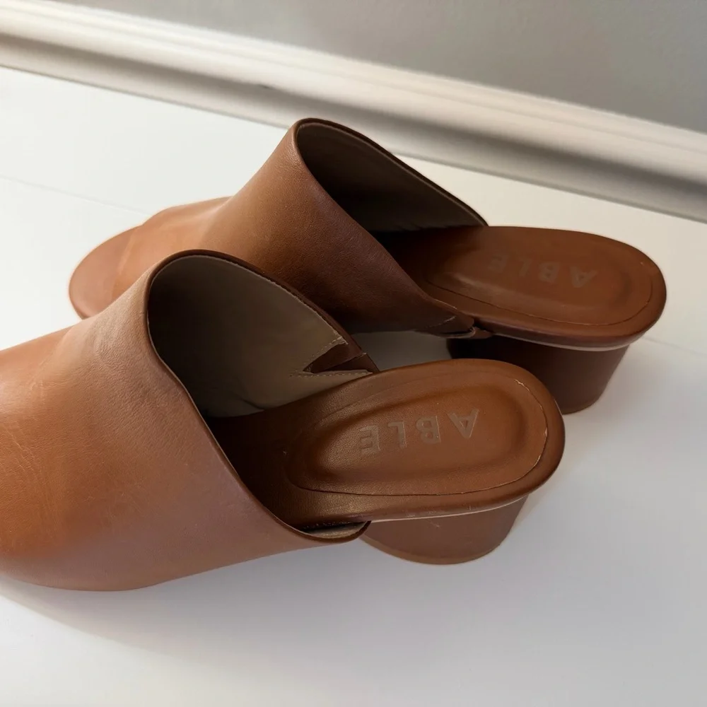 Able Renee round heel Women's Tan Leather Slide Mule - Classic Open-Toe Heel - Picture 7 of 13